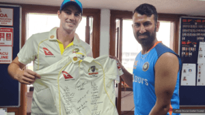 Pat Cummins Gifts Signed Australian Jersey to Cheteshwar Pujara For Completing 100 Test Matches